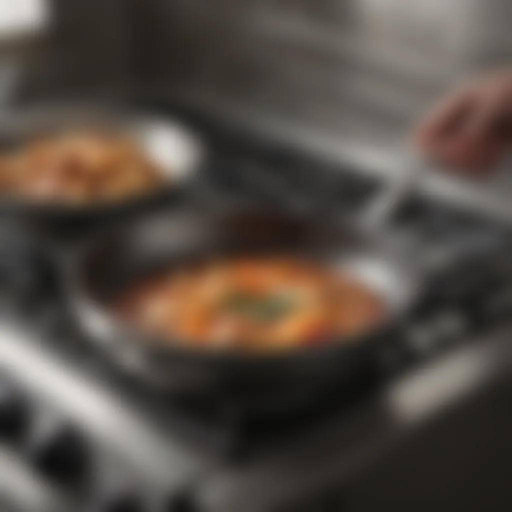 Illustration of the fry pan in action on a stovetop, emphasizing its performance