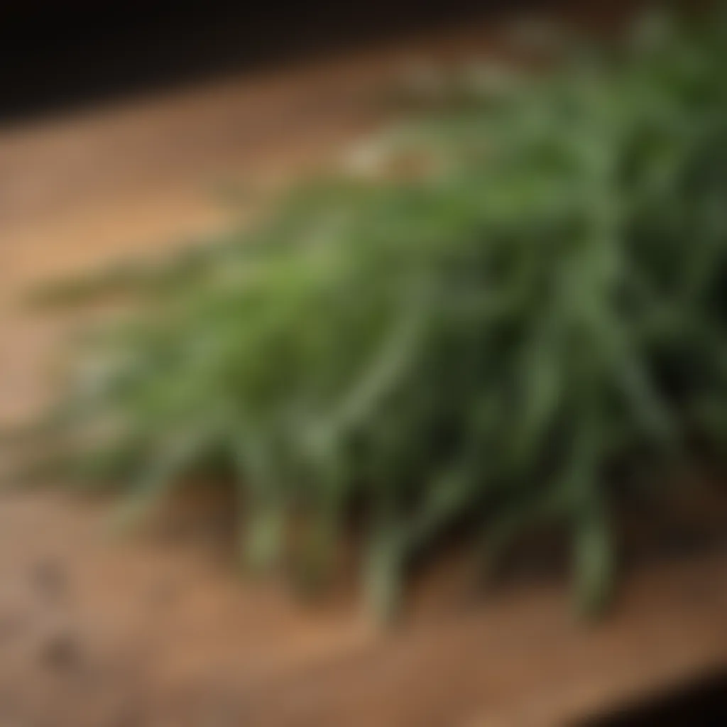 A close-up view of tarragon leaves on a wooden table