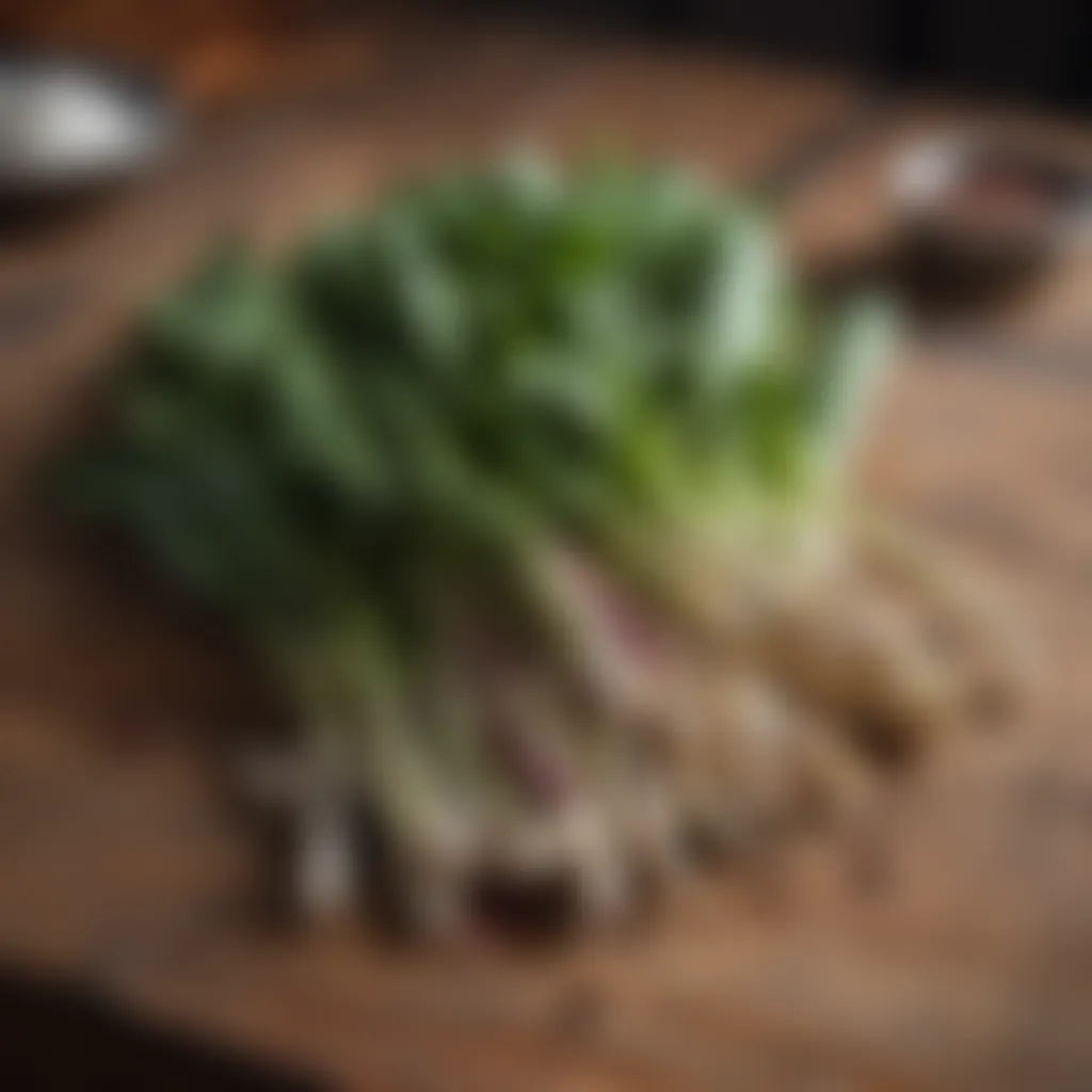 Harvested ramps displayed on a rustic wooden table