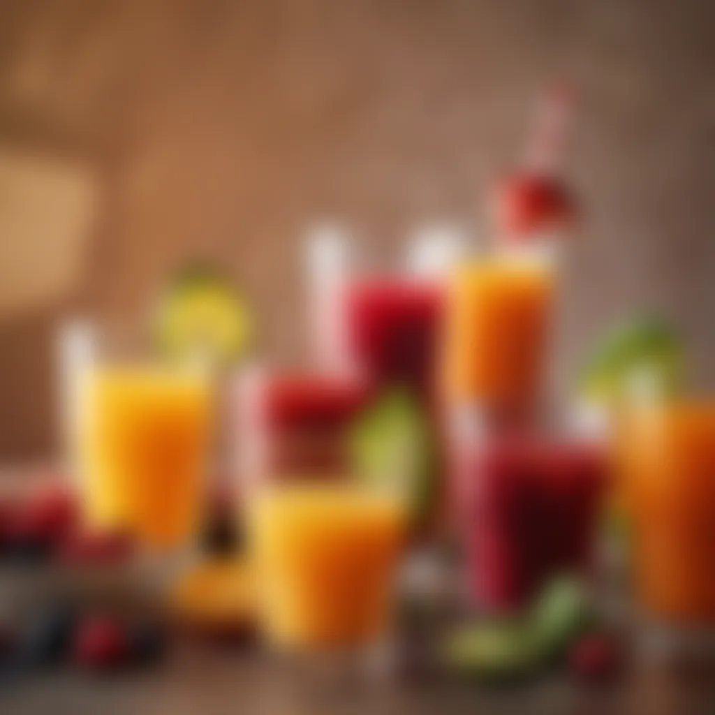 Colorful assortment of fruit juices for cocktails