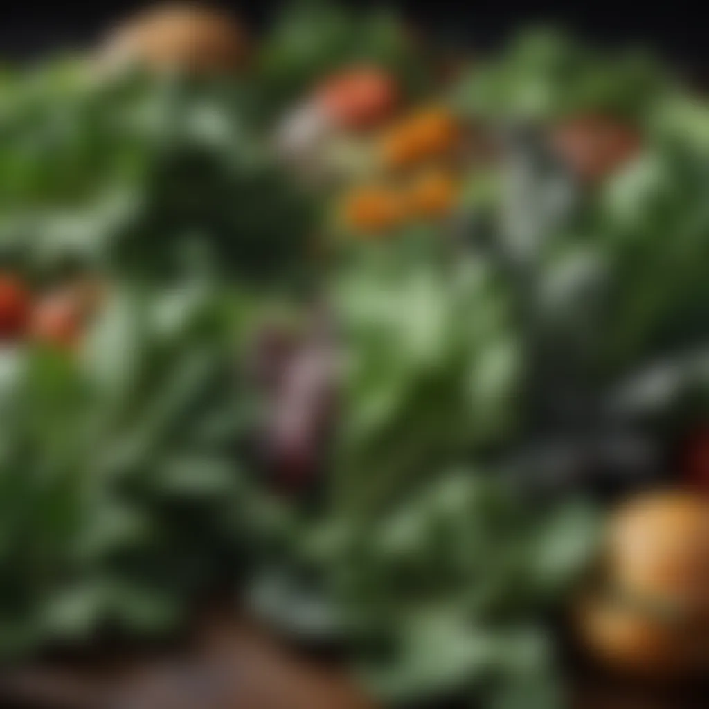 Fresh Leafy Greens for a Low-Carb Lifestyle An elegant arrangement of fresh, leafy greens and vegetables, highlighting the essence of a low-carb diet.