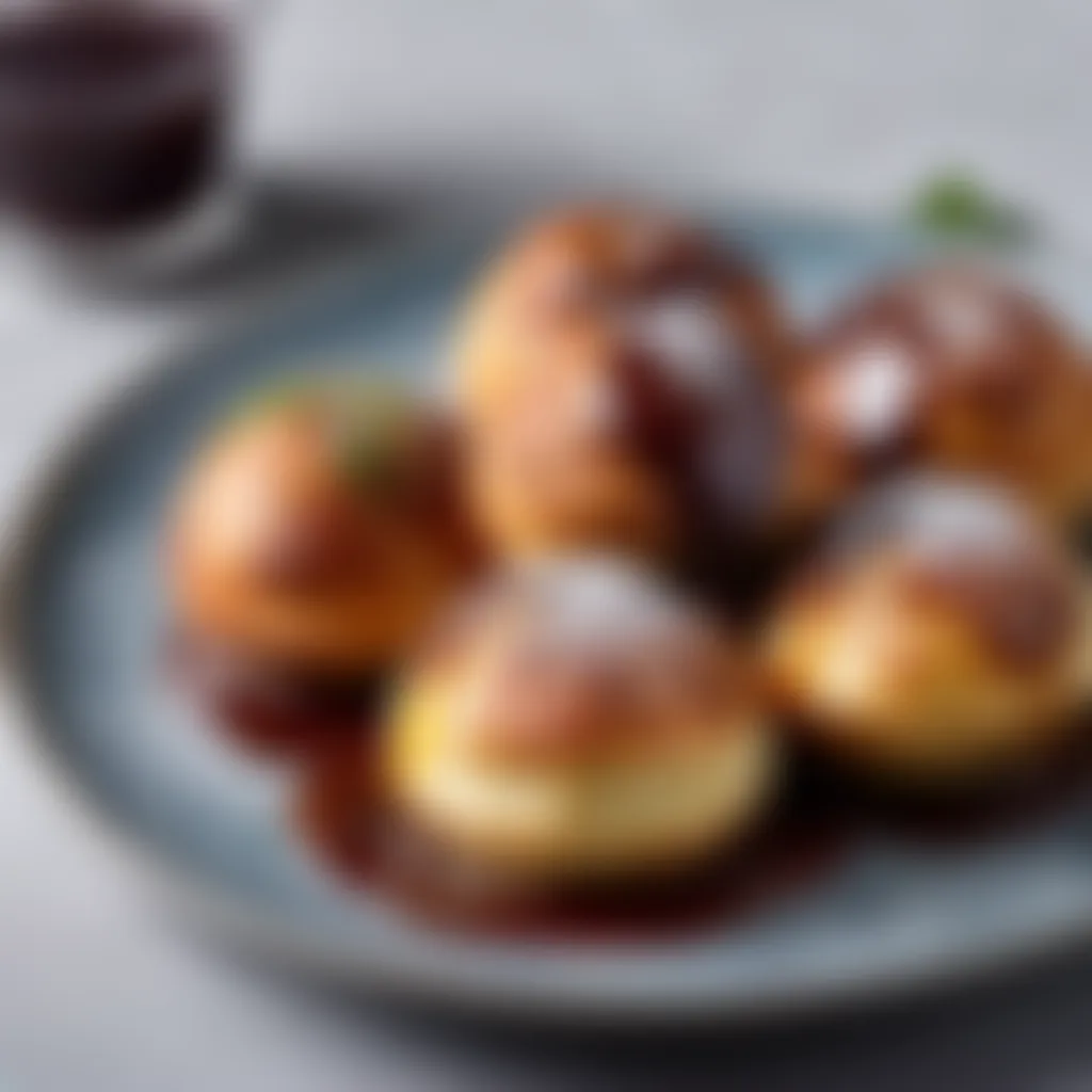 Aebleskiver served with a drizzle of sauce and garnish