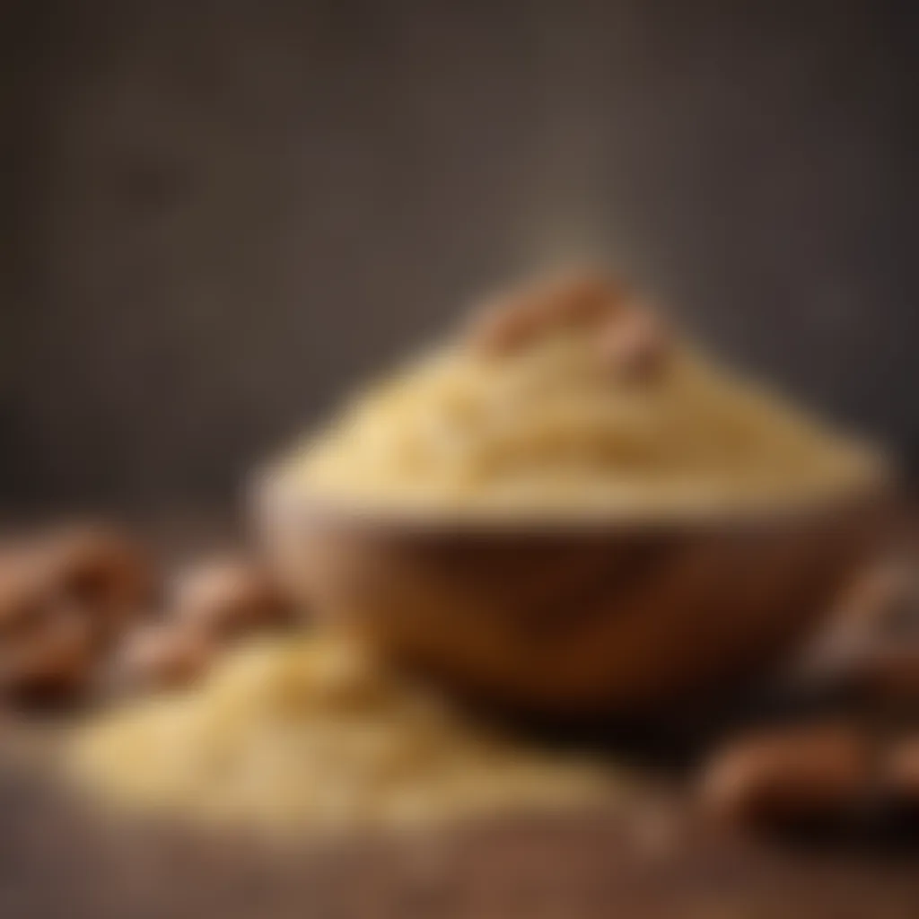 Delicate almond flour in a wooden bowl