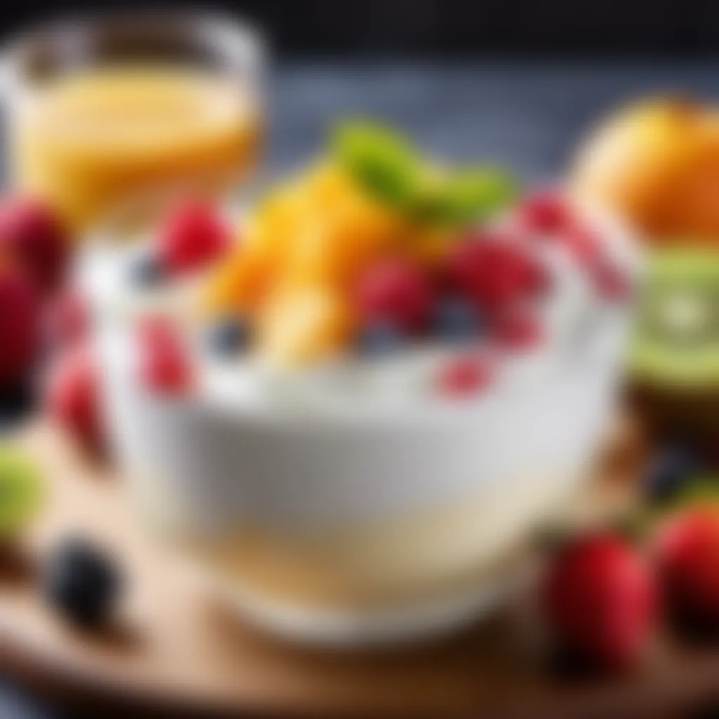 Yogurt Drizzle Elegance Creamy yogurt drizzled over a vibrant fruit mix