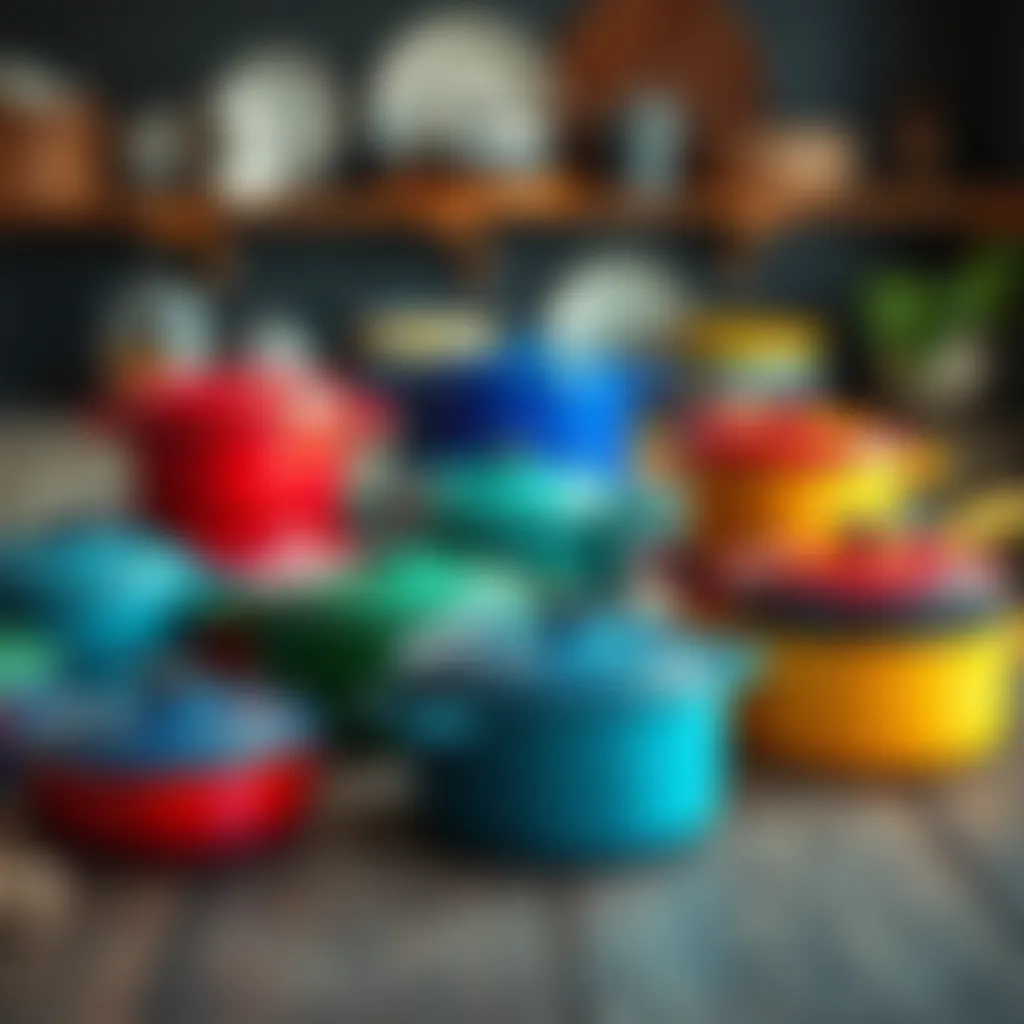 Colorful Collection of Cookware An array of colorful enameled cast iron cookware displayed elegantly on a rustic wooden table.
