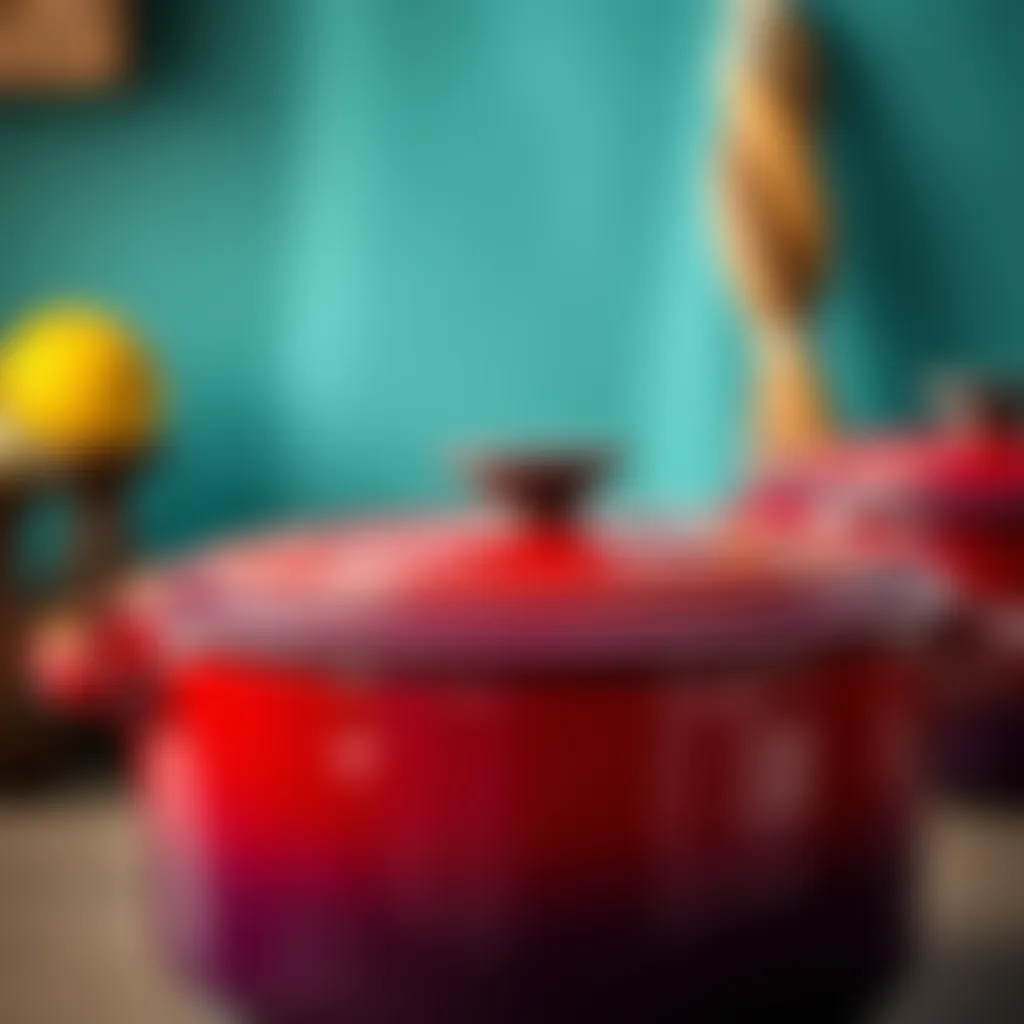 A close-up of a vibrant enameled cast iron pot showcasing its glossy finish and intricate design.