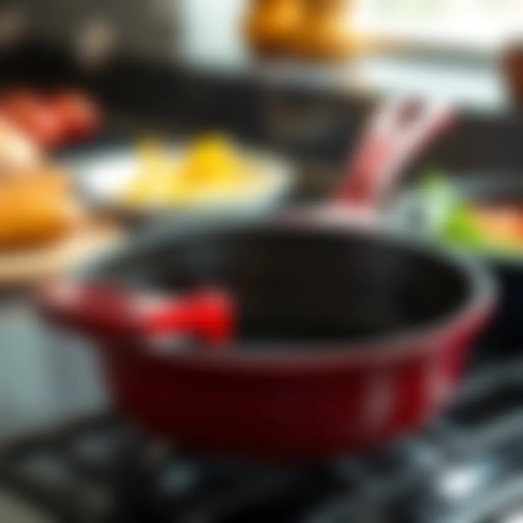 Durability of Enameled Cast Iron Skillet Detailed view of a well-maintained enameled cast iron skillet, emphasizing its durability and quality.