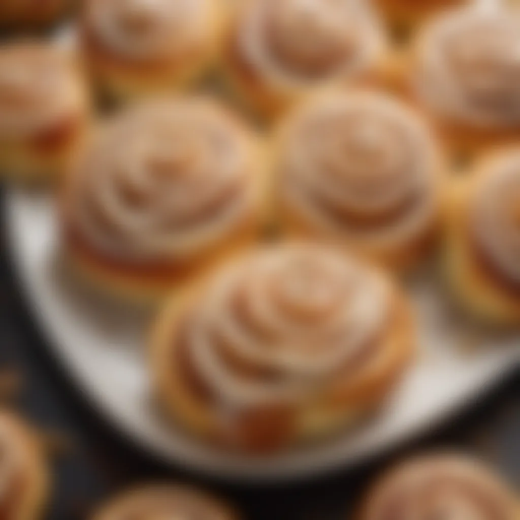 A beautifully arranged platter of golden cinnamon rolls glistening with icing.