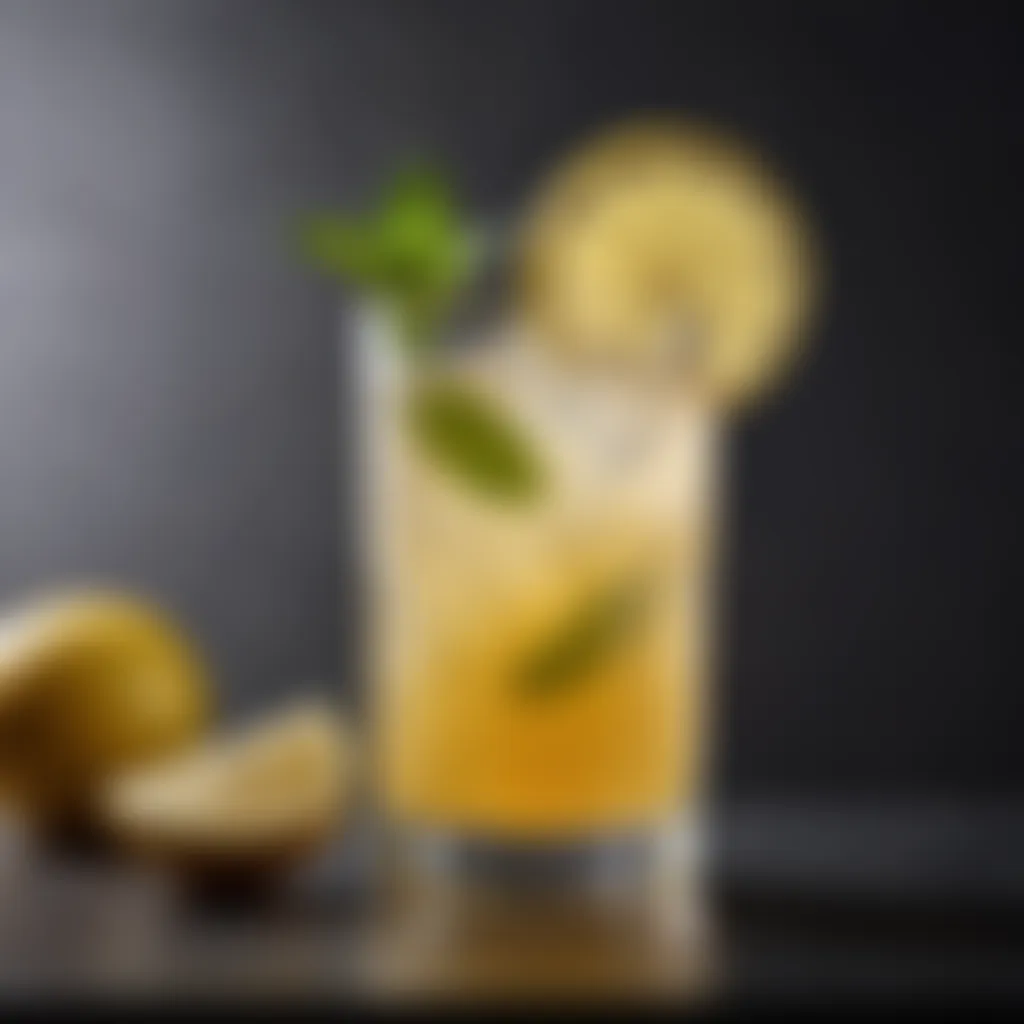 An elegant lemonade cocktail with garnishes in a stylish glass.