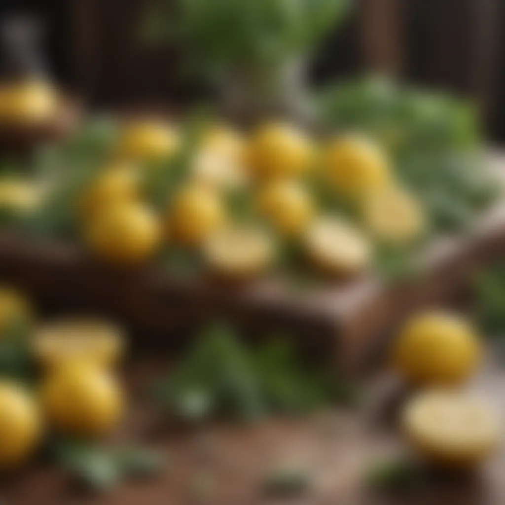 A vibrant array of lemons and fresh herbs on a rustic table.