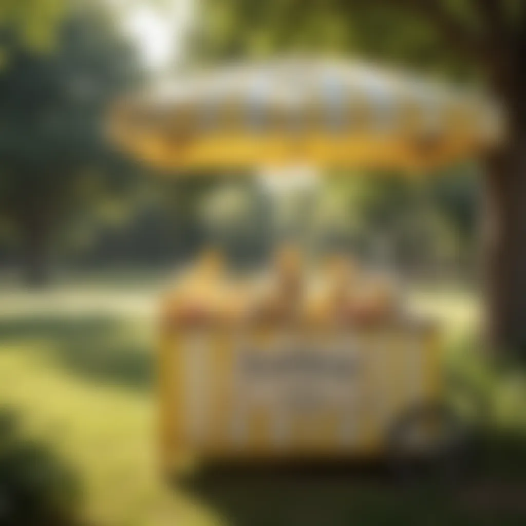 A vintage lemonade stand in a sunlit park.