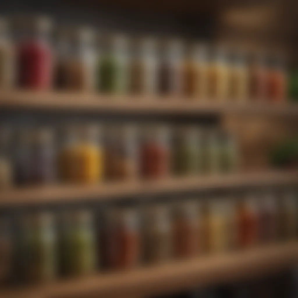 Herbs and spices in glass jars on a kitchen shelf