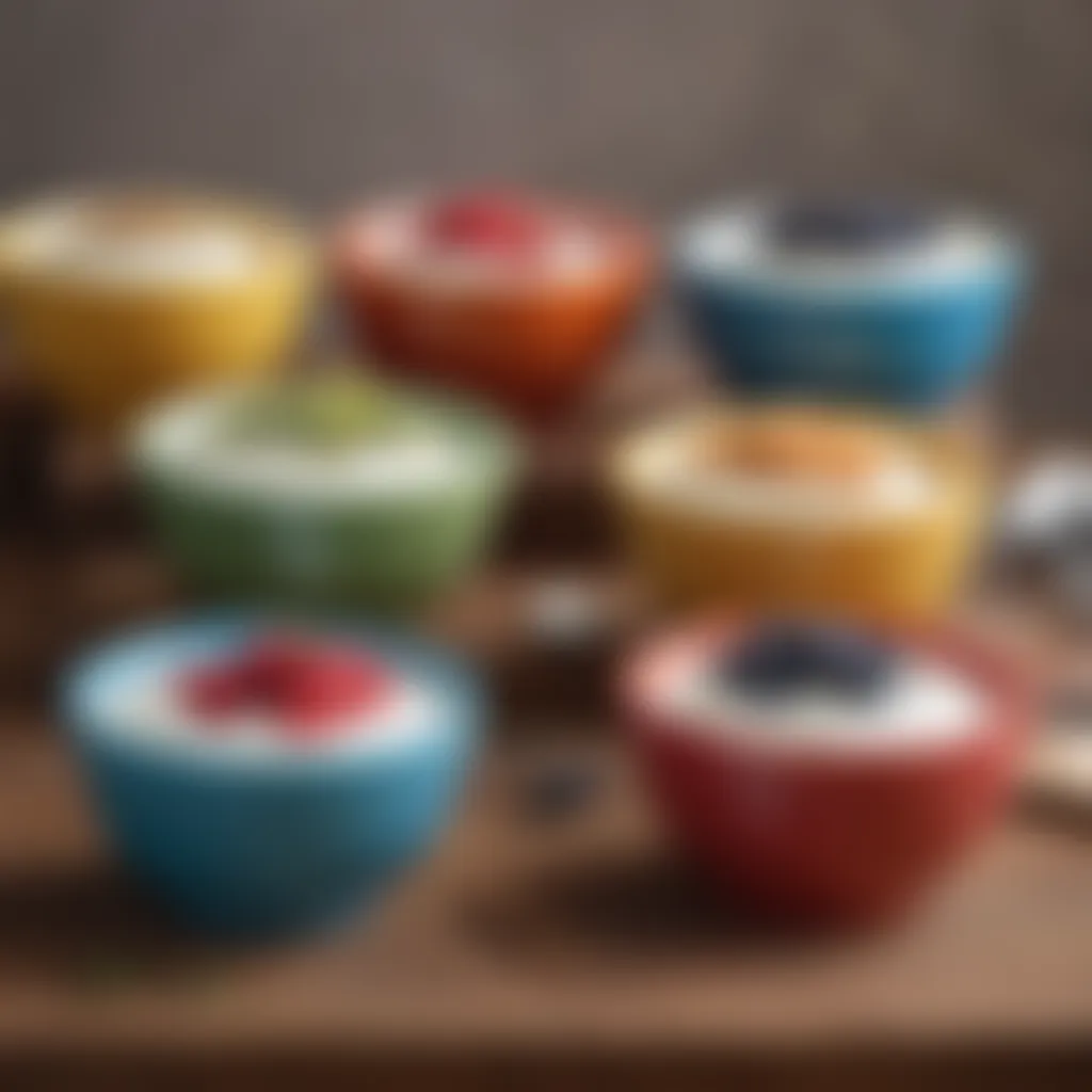 Variety of plain yogurts in colorful ceramic bowls