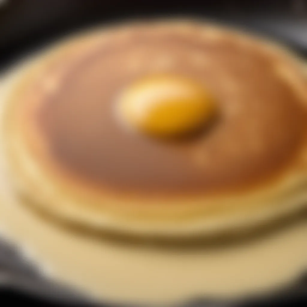 Close-up of bubbling batter sizzling on a hot skillet