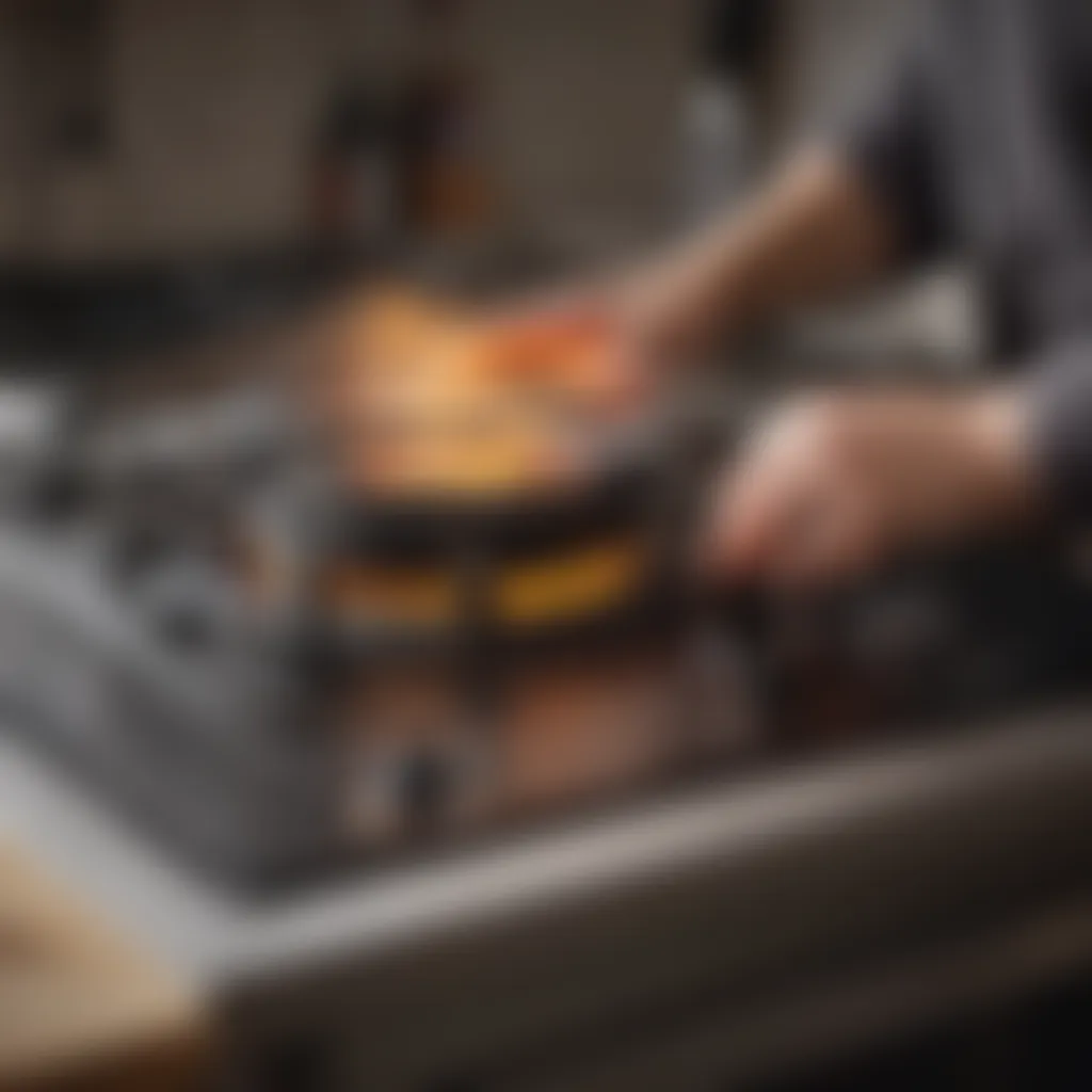 A person applying cleaner on a stove burner with a cloth.