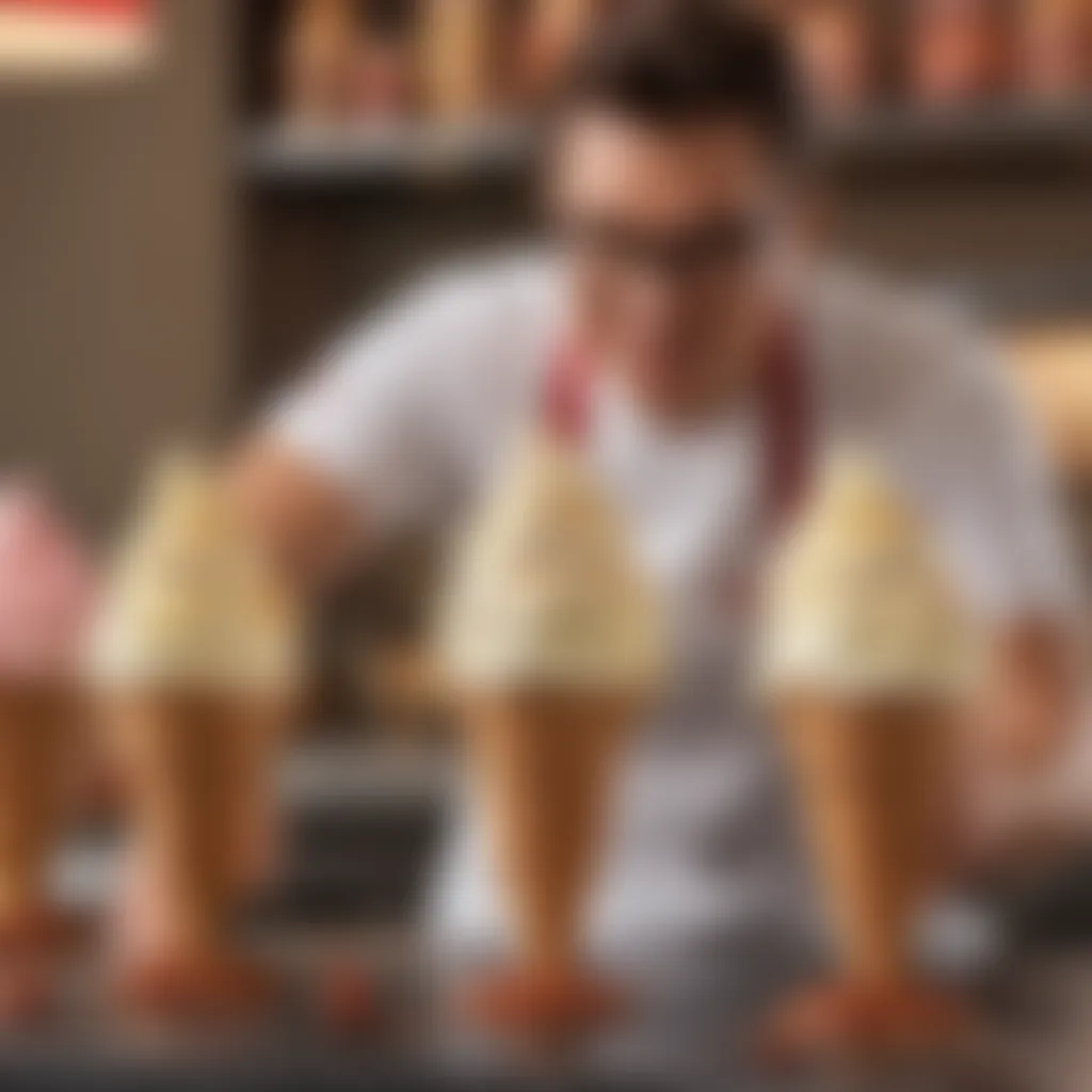 An employee joyfully creating custom ice cream concoctions