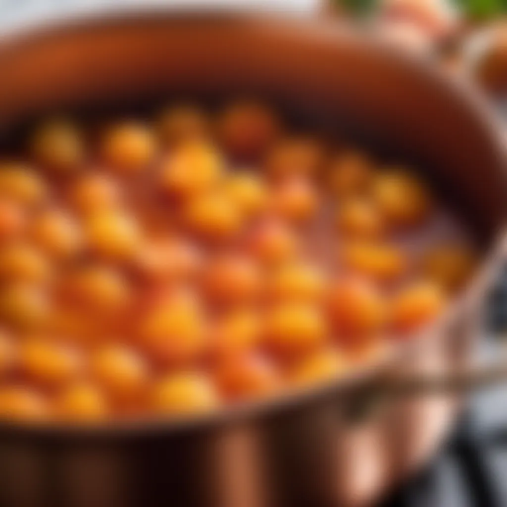 Apricots simmering in copper pot