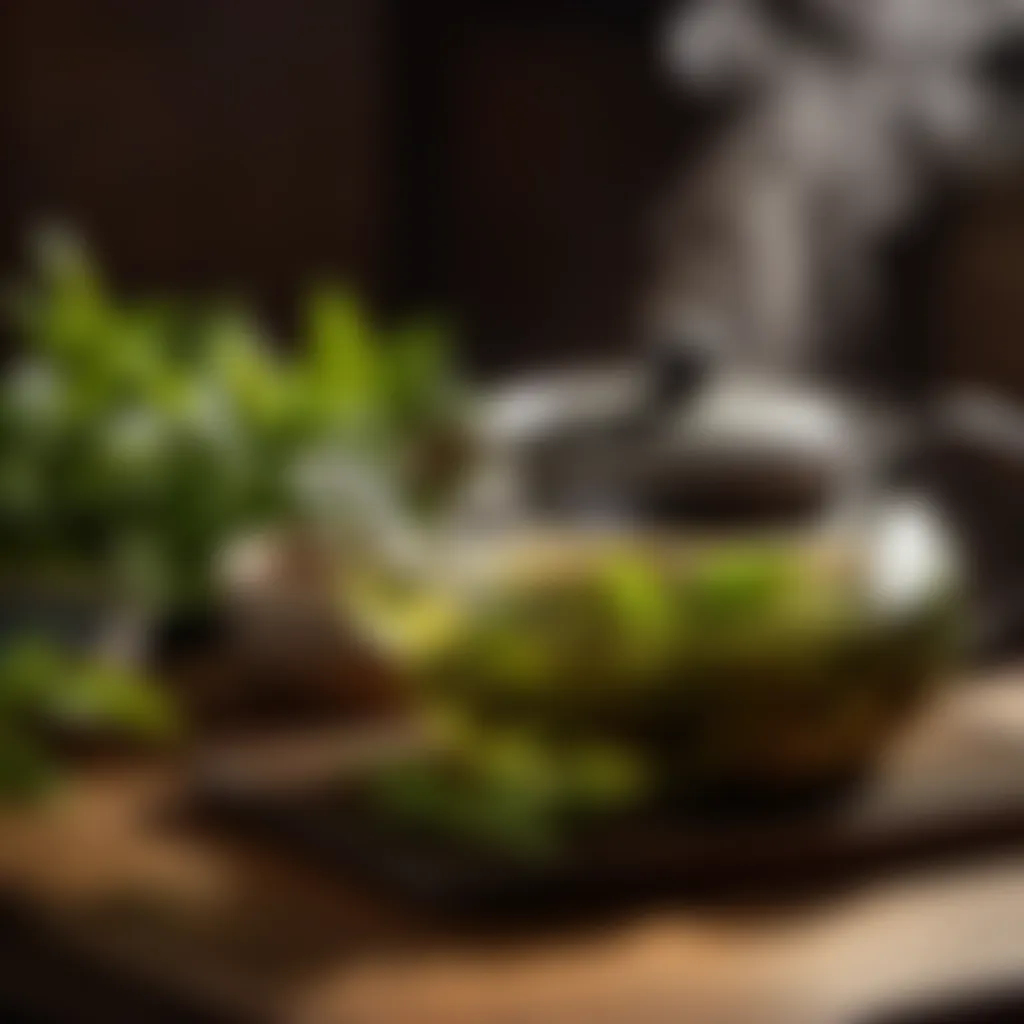 Brewing green tea leaves in traditional Japanese teapot