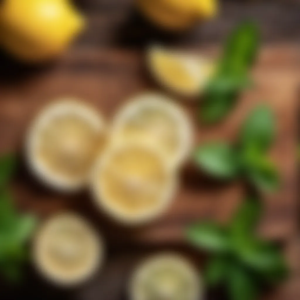 Organic lemon slices and mint leaves on a rustic wooden background