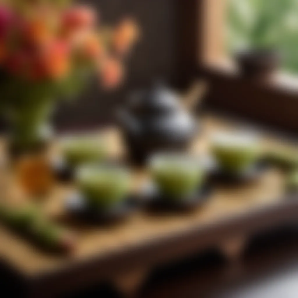 Tea ceremony utensils on a bamboo mat with elegant floral arrangements