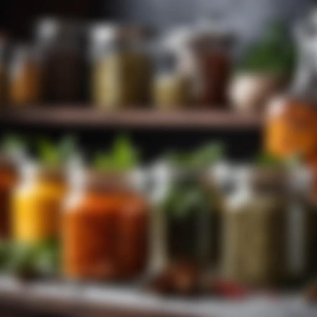 Aromatic spices and herbs in decorative glass jars