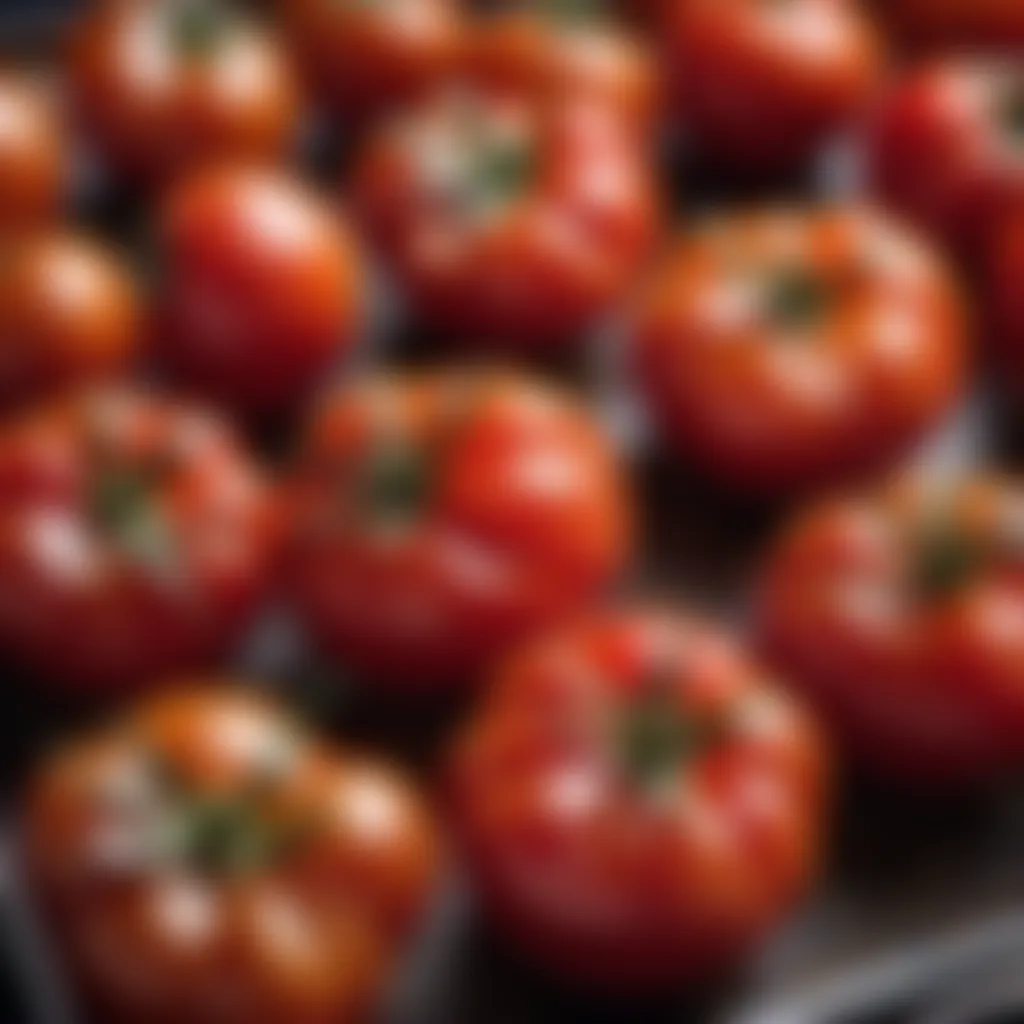 Tomatoes arranged on a baking sheet