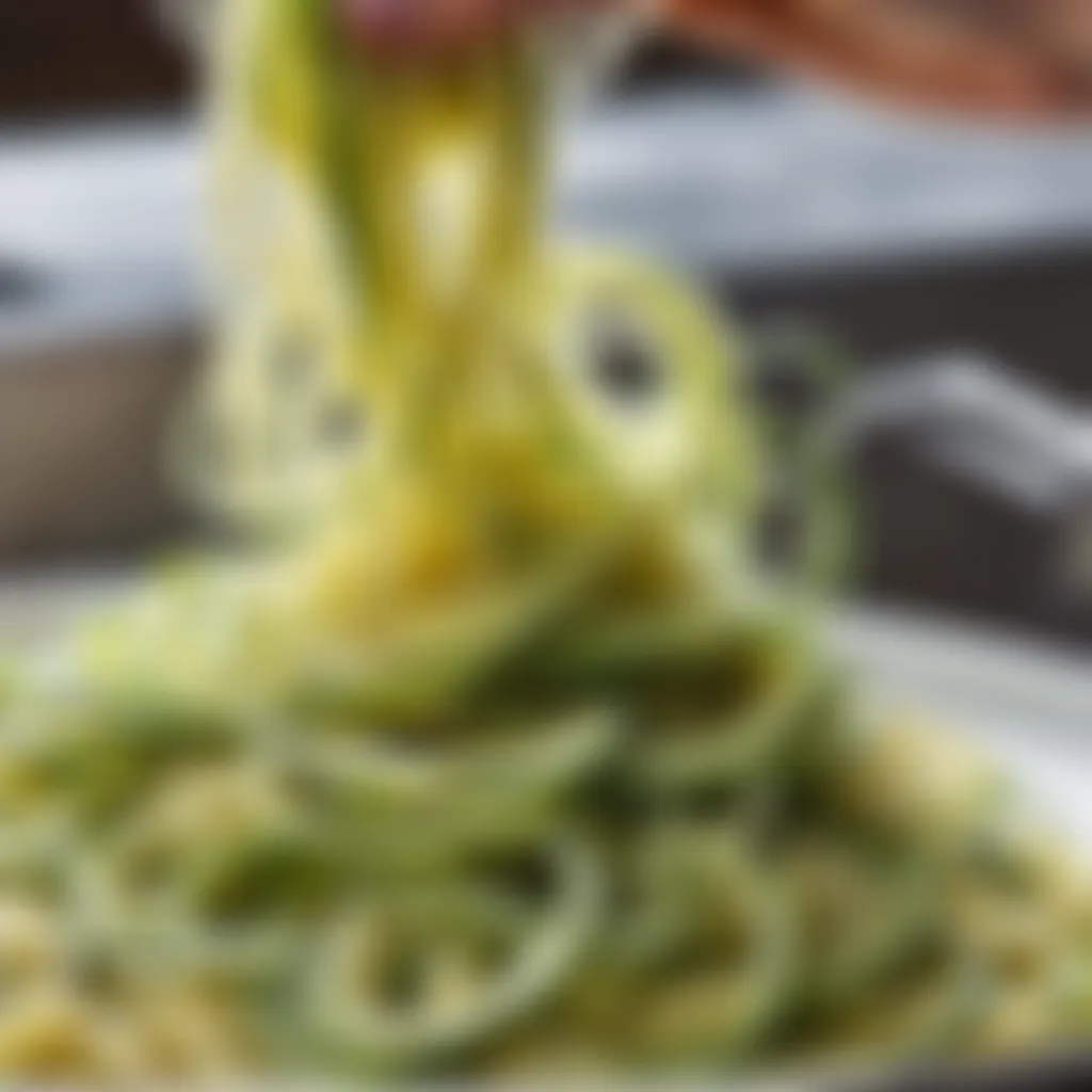 Zucchini being spiralized into pasta-like strands