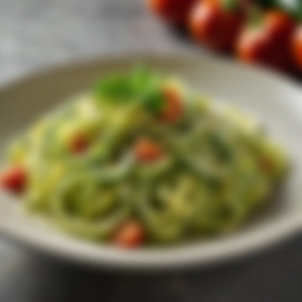 Garnished zucchini pasta served in a beautiful bowl