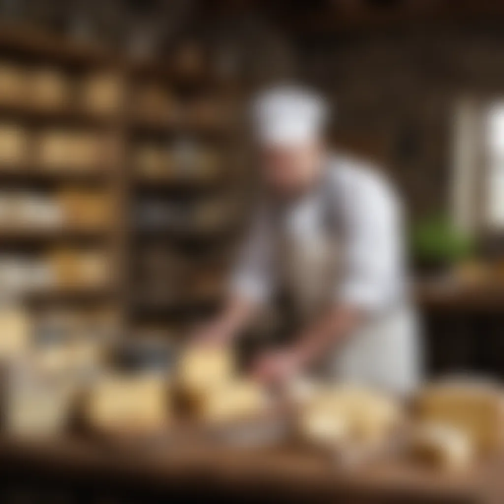 An artisanal cheese maker at work in a rustic dairy, surrounded by tools and fresh ingredients, embodying the craftsmanship of Irish cheese-making.