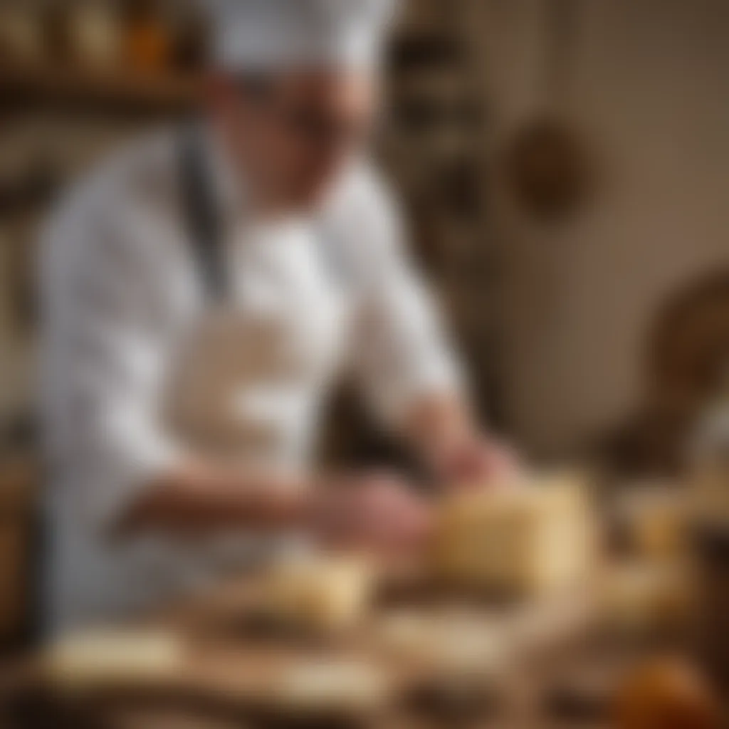 An artisan cheesemaker gently cutting and shaping Pecorino cheese in a traditional setting