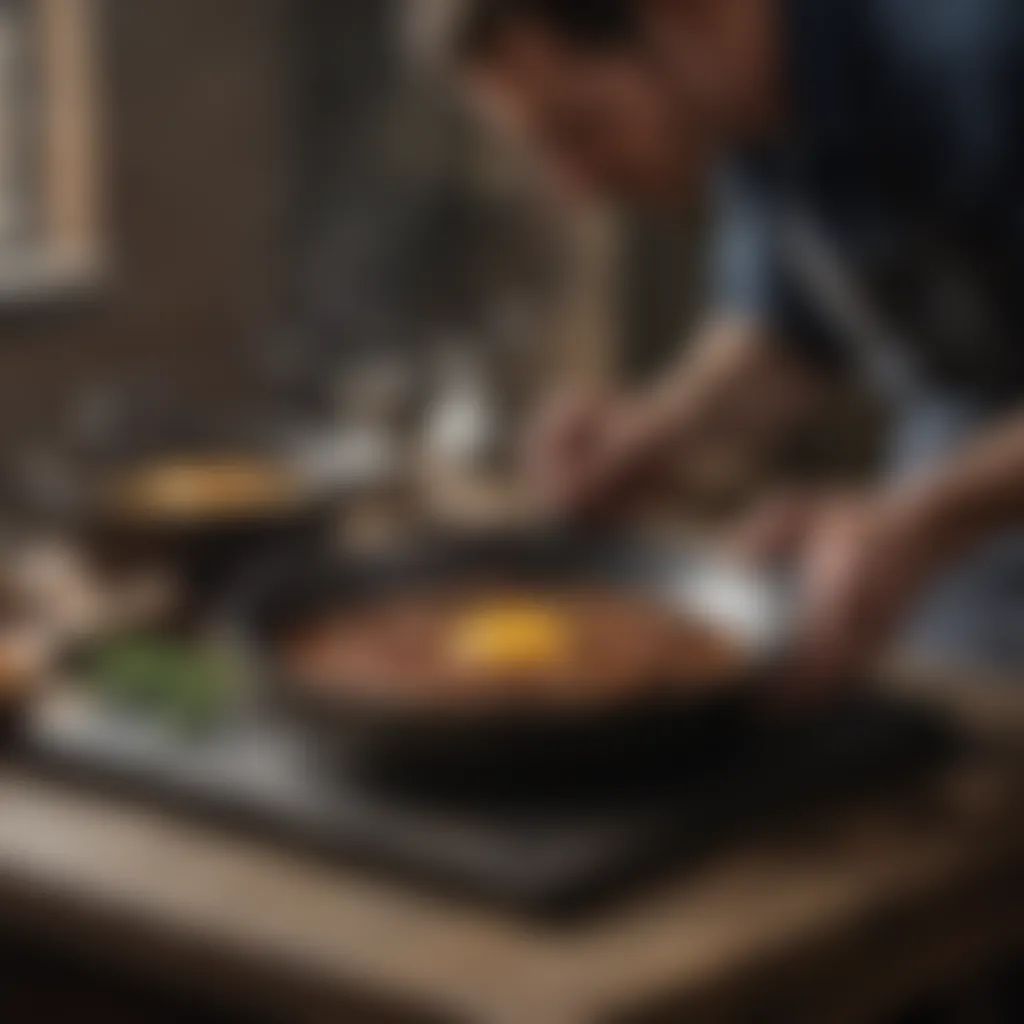 Craftsman skillfully shaping an artisanal cast iron pan, highlighting the meticulous craftsmanship involved