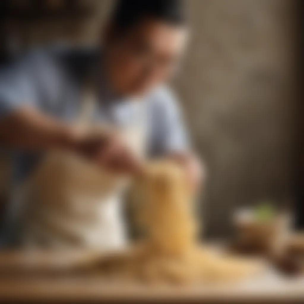 Artisanal noodle dough being meticulously kneaded