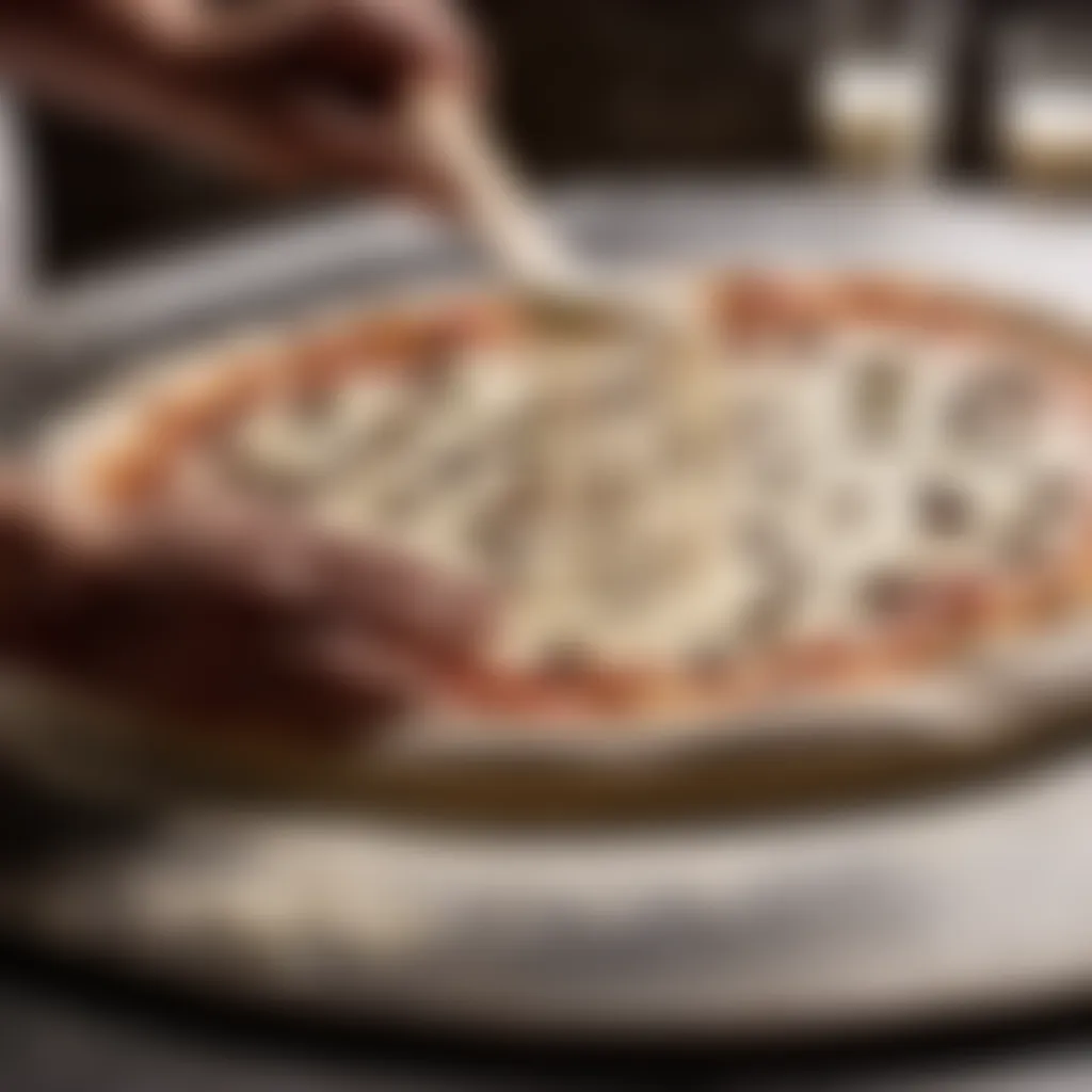 Artisanal pizza dough being carefully stretched