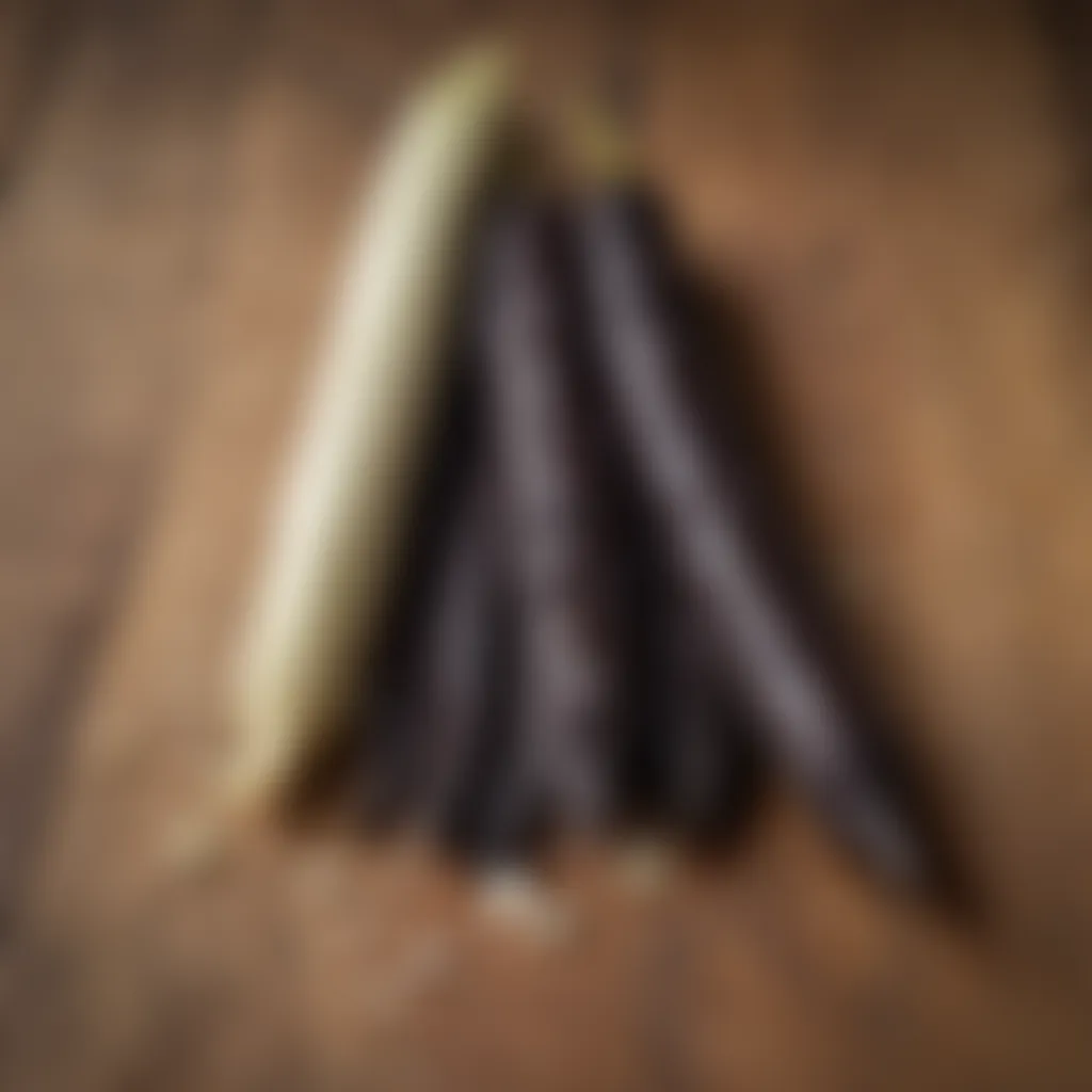 Artisanal vanilla beans resting on a wooden surface