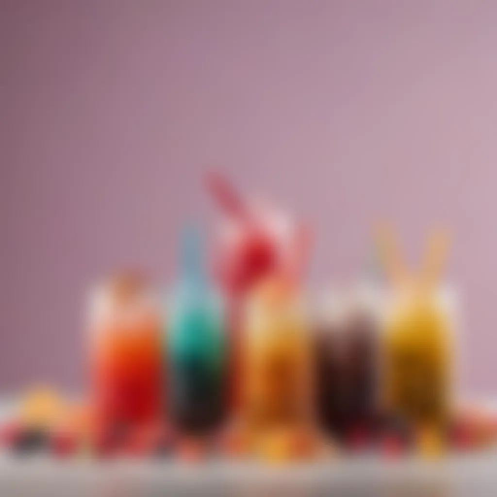 An artistic composition of assorted bubble tea flavors with jelly toppings in vibrant hues