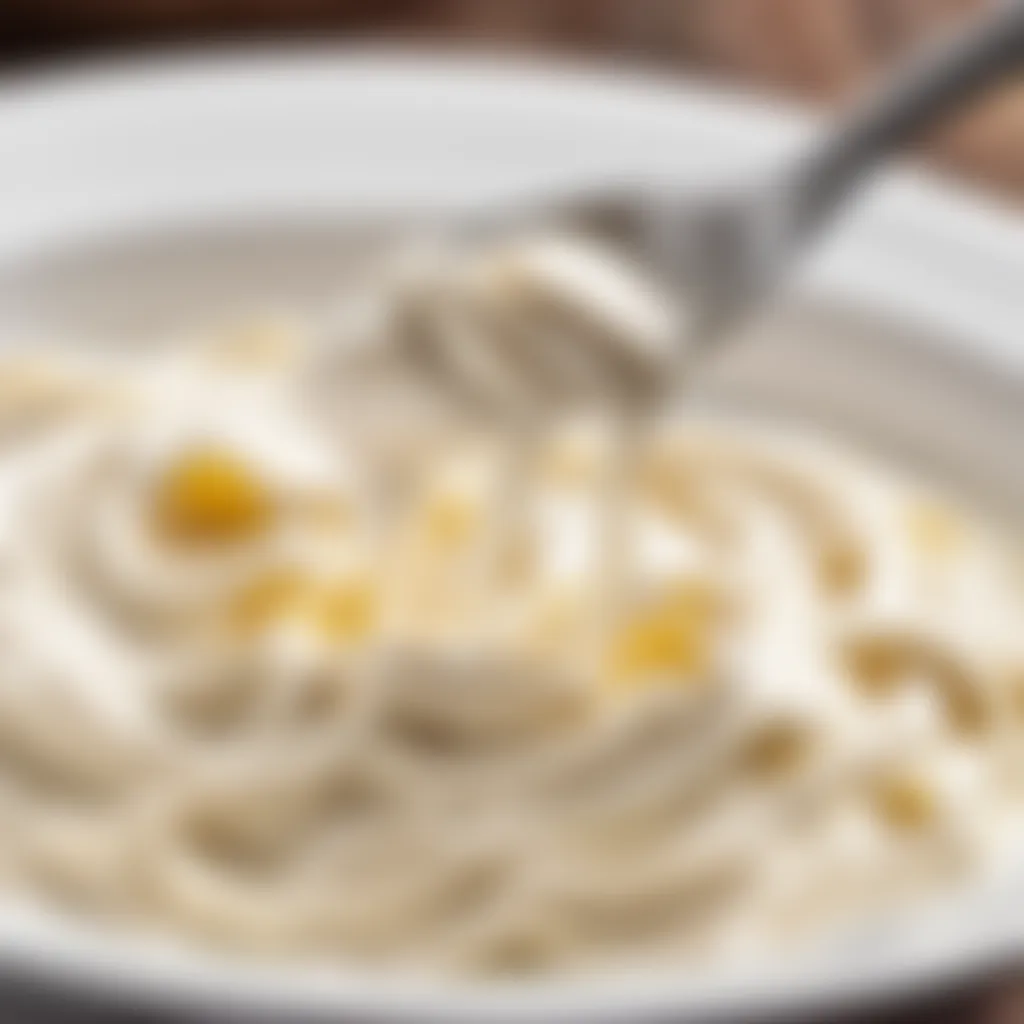 Artistic close-up of a bowl filled with silky Alfredo sauce enriched with cream cheese