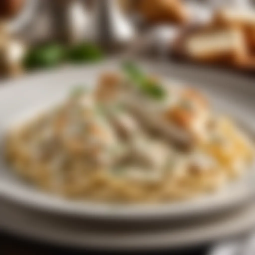 Artistically plated Chicken Alfredo with a sprinkle of Parmesan