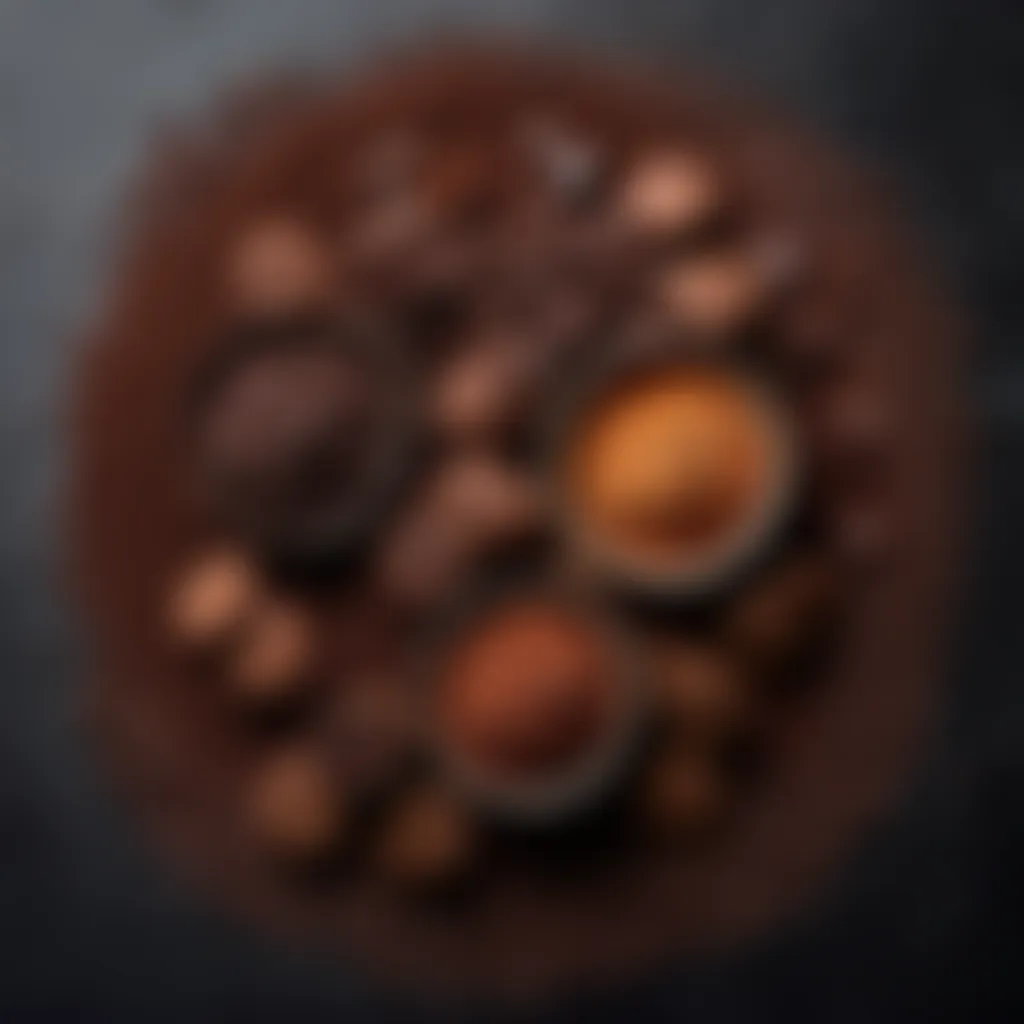 Artistic composition of chocolate chips and cocoa powder