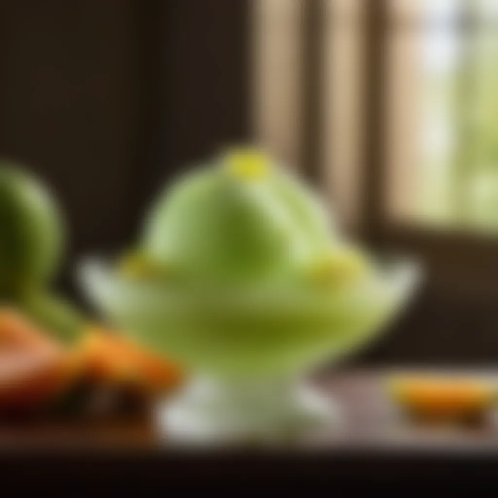 Artistic honeydew melon sorbet in crystal bowl