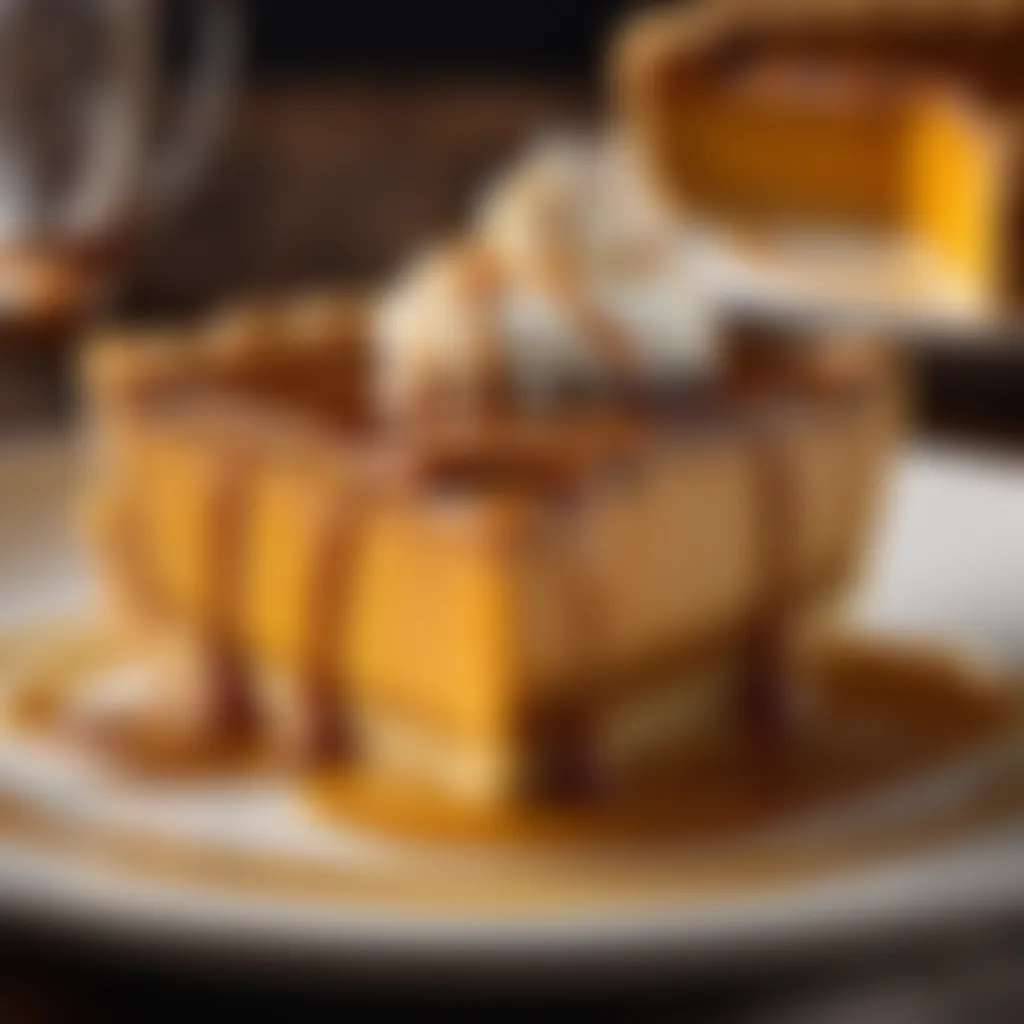 Artistic pumpkin pie dessert with swirls of caramel sauce