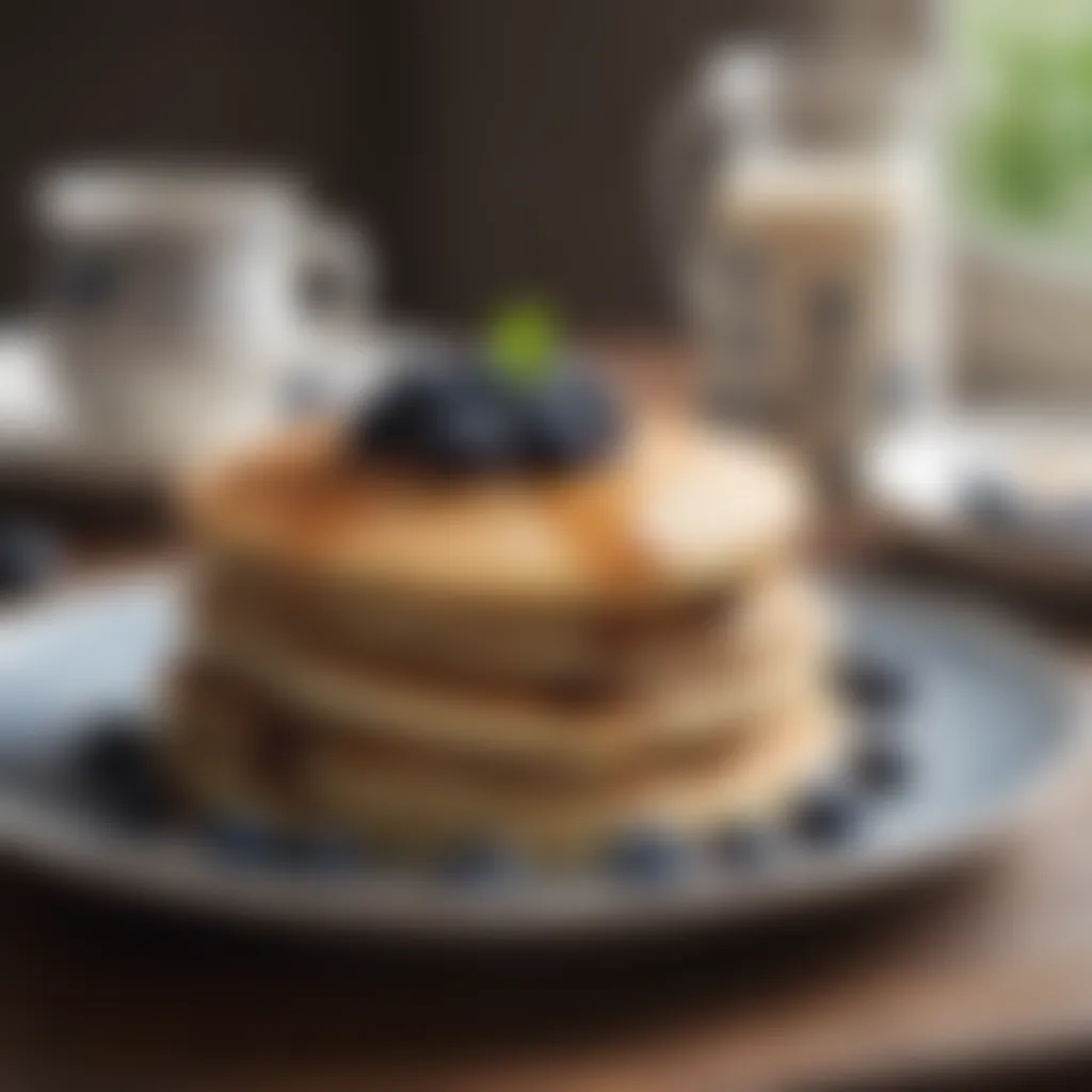 Artistic shot of blueberry pancakes on a vintage plate