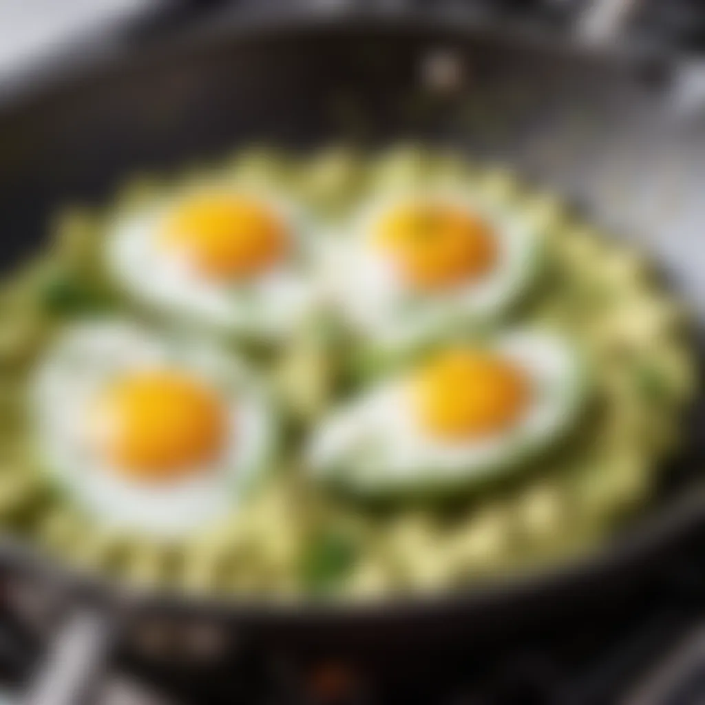 A close-up of avocado and eggs being cooked in a non-stick pan