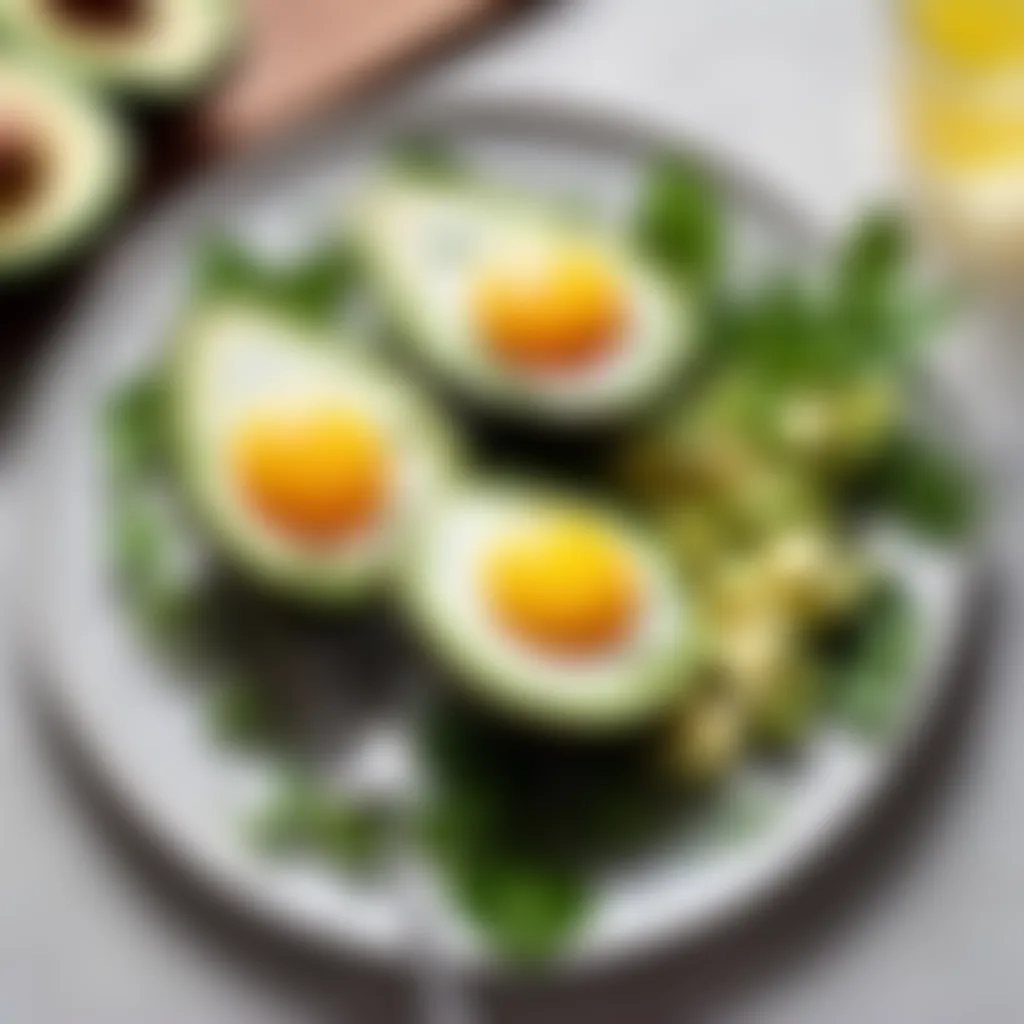 Avocado and eggs on a plate, garnished with fresh herbs