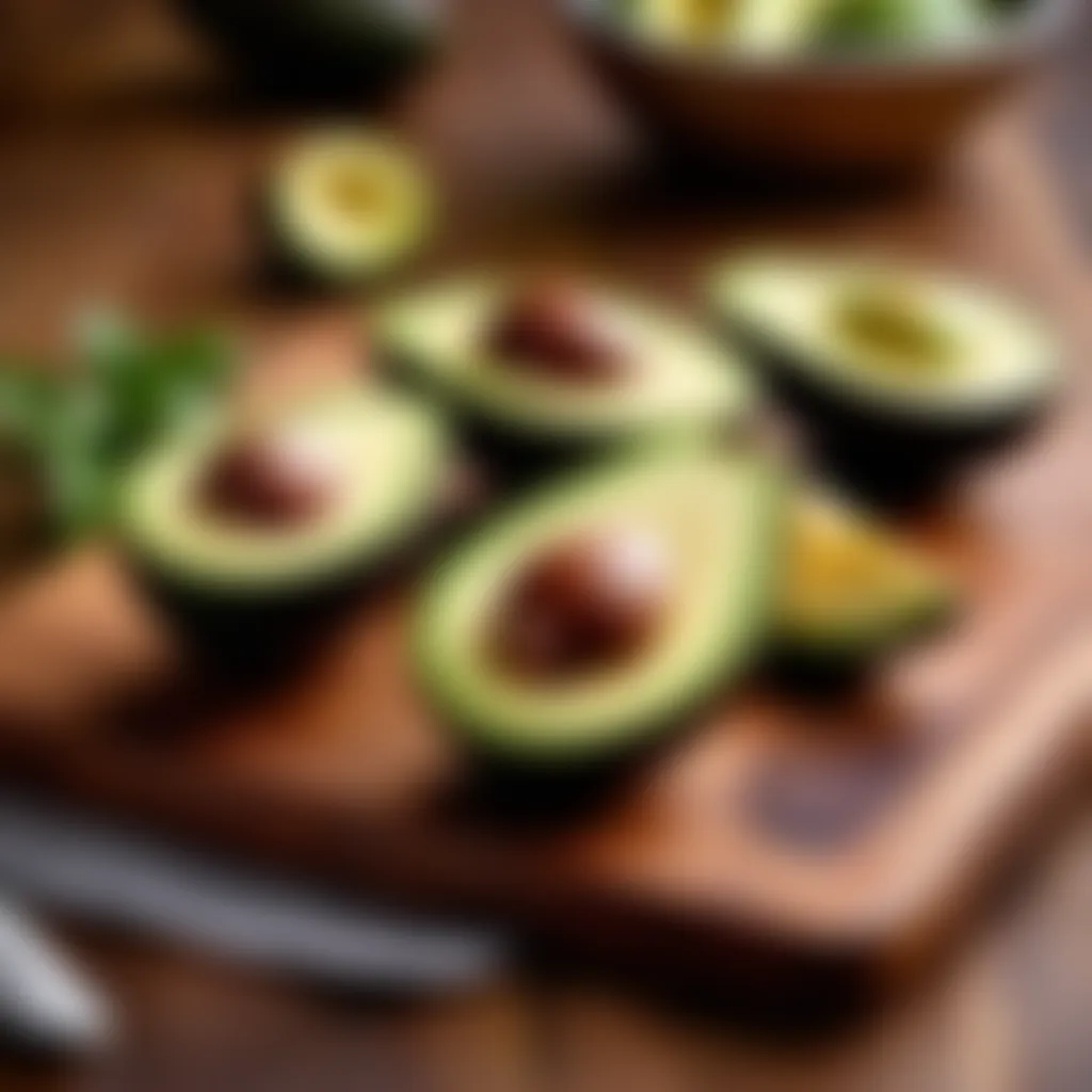 Sliced avocado on a wooden cutting board