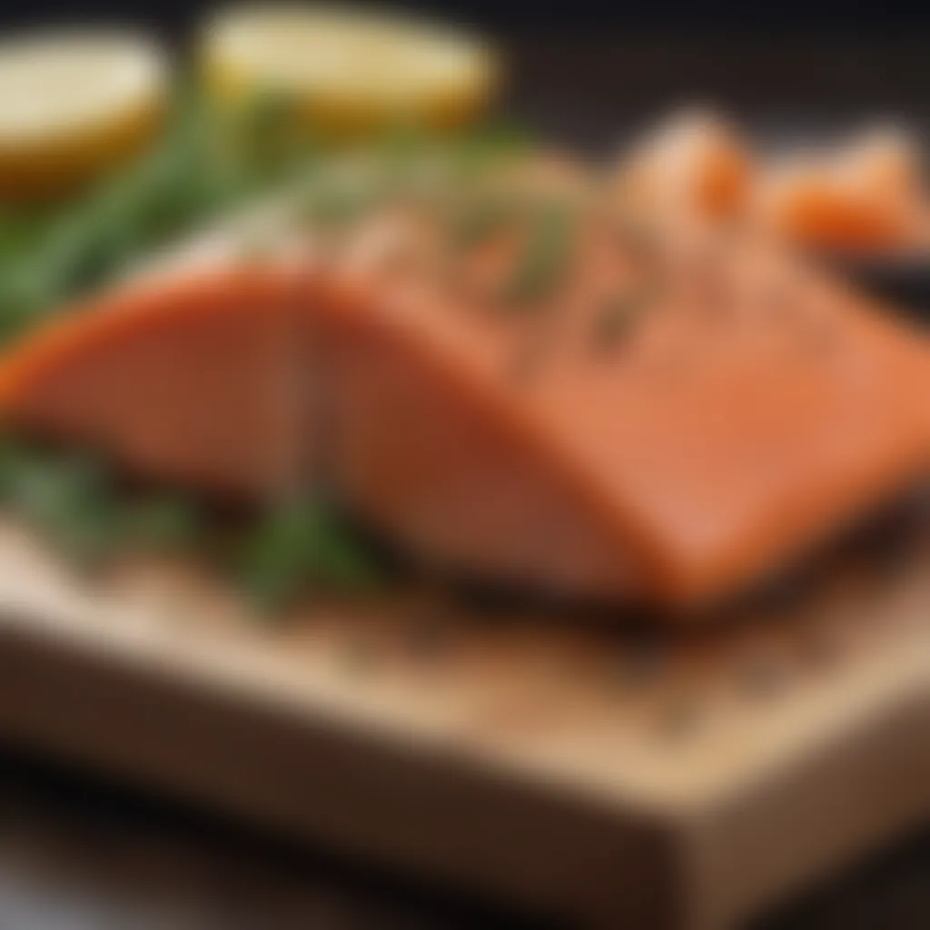 Fresh salmon fillet resting on a wooden board with herbs