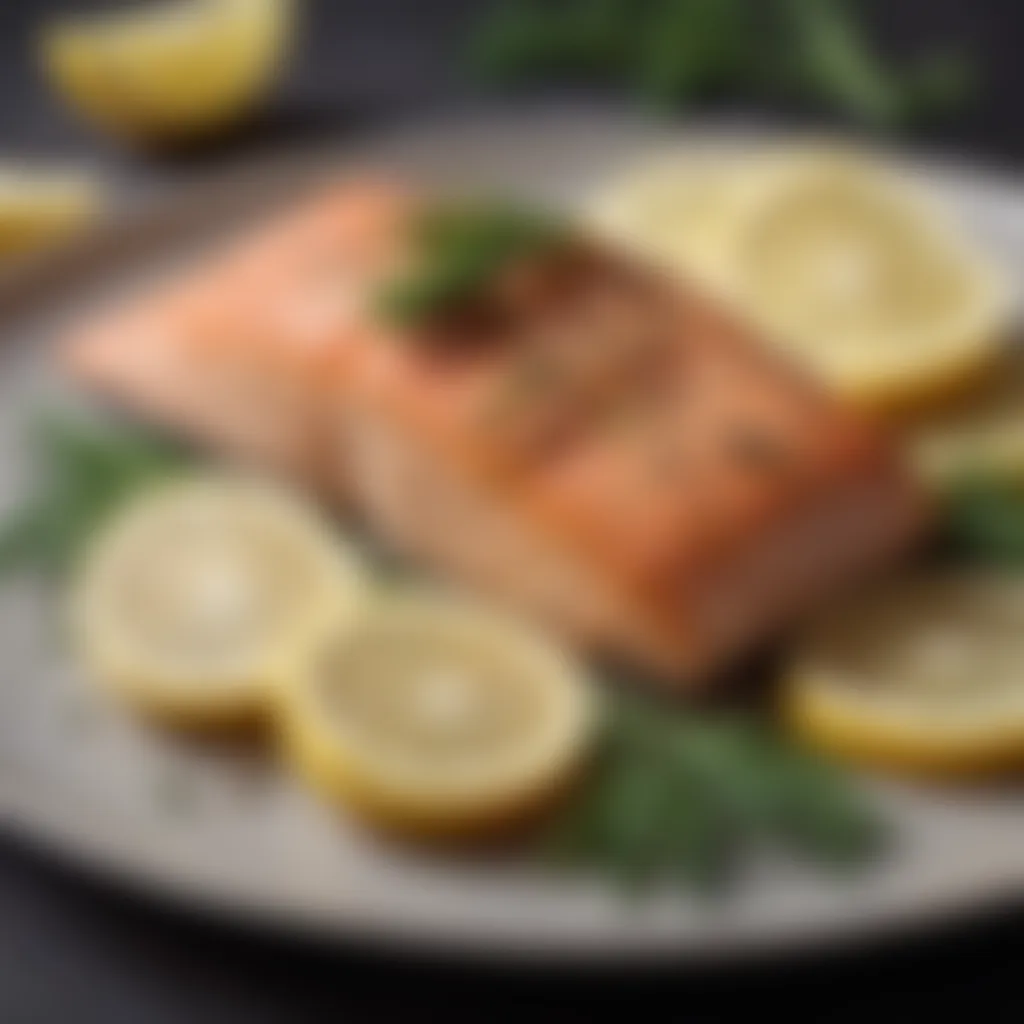 Baked salmon fillet garnished with lemon slices and dill