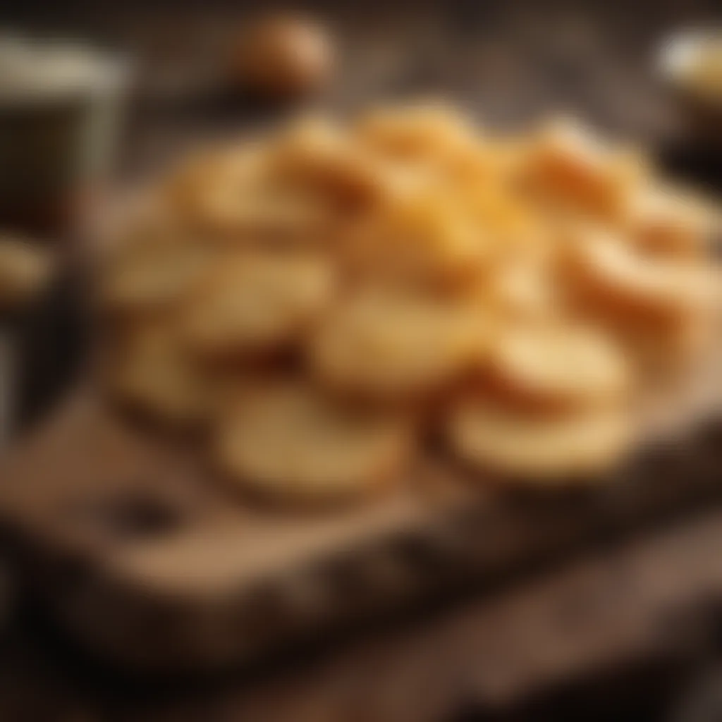 Freshly baked cheese crisps on a rustic wooden board