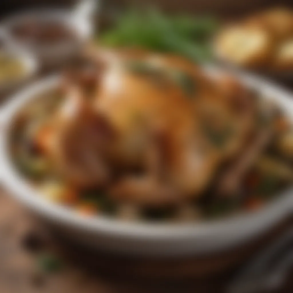 Succulent baked chicken garnished with herbs and spices
