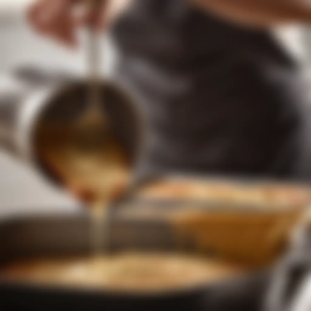 Batter being poured into a baking pan