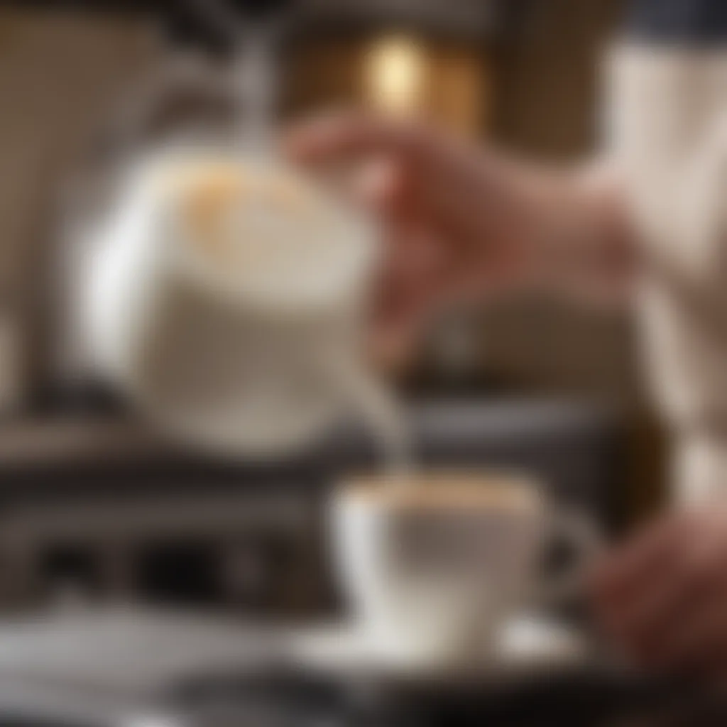 Barista hand expertly pouring steamed milk into a coffee cup